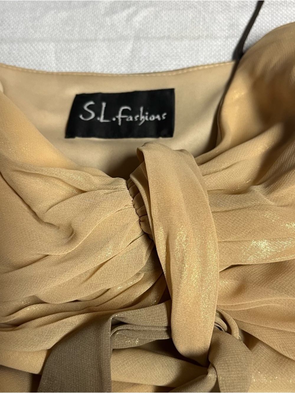S.L. Fashions Shimmery Metallic Chiffon Knot-Front Evening Dress - Picture 4 of 7